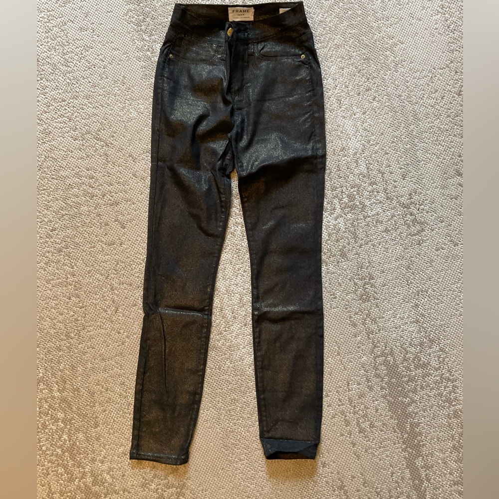 Frame metallic black skinny jeans with gold shimmer
